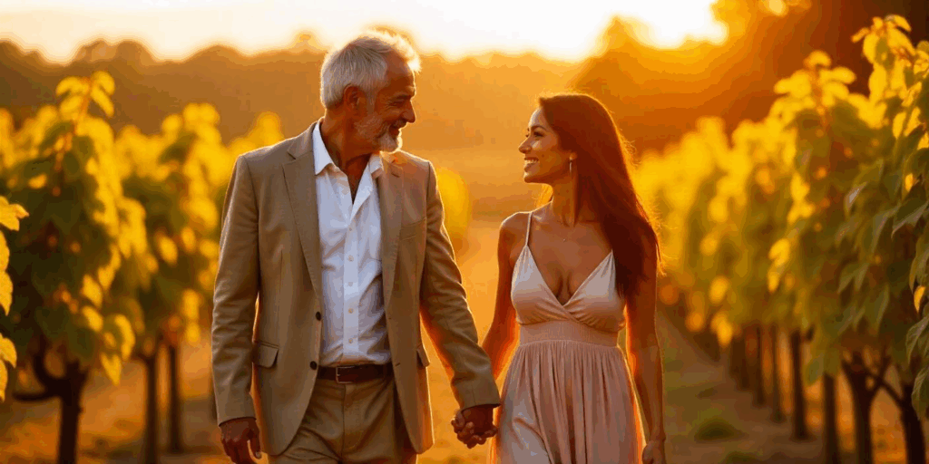 casal feilz, onde o homem é mais velho com charme e a mulher mais jovem muito bonita